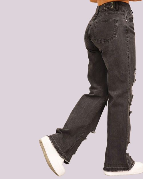 JEAN GRIS TIRO MEDIO BOTA RECTA ROTO